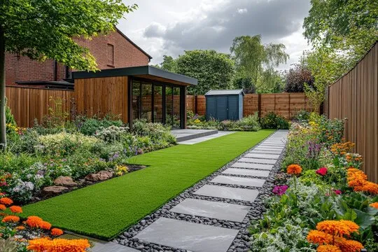 Green landscaped garden with pathway